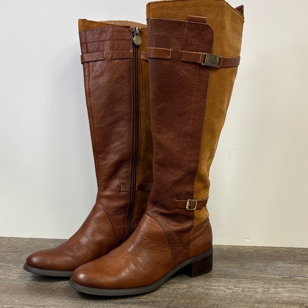Etienne Aigner “E-Colton” Two-Tone Leather Riding Boots (Size 7.5M)